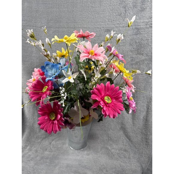 Artificial Floral Arrangement With Pink Yellow Blue & White Flowers In Metal Vas - Picture 1 of 5